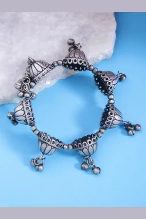 Yellow Chimes Oxidised Silver-Plated Jhumki Latkan Oxidised Bangle