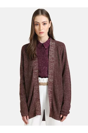 Kazo Women Maroon & Grey Striped Lurex Shrug
