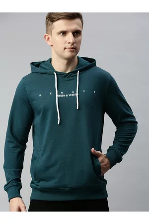 WROGN Men Teal Blue Solid Hooded Sweatshirt