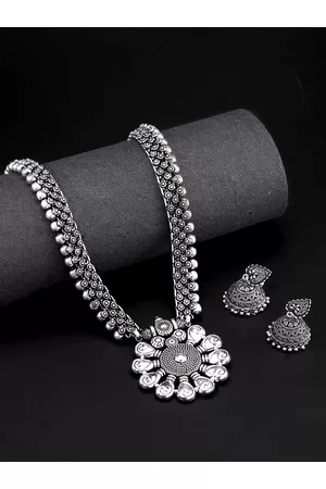 Yellow Chimes Women Silver-plated Oxidized Long Necklace Set