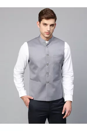MANQ Men Grey Solid Slim Fit Nehru Jacket