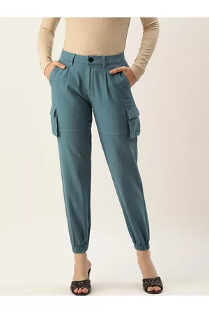IVOC Women Teal Regular Fit Pleated Cotton Cargo Joggers Trousers