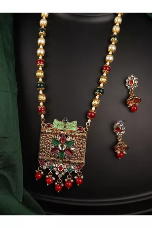 ANIKAS CREATION Gold-Toned Meenakari Long Crystal Necklace & Earring