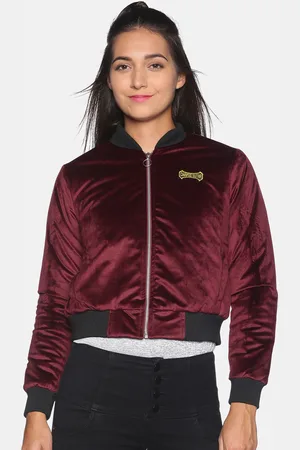 Campus Women Maroon & Black Windcheater Crop Bomber Jacket