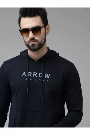 Arrow Men Navy Blue Brand Logo Print Hooded Sweatshirt