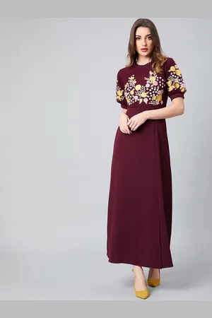 ATHENA Maroon & Yellow Embroidered Maxi Dress