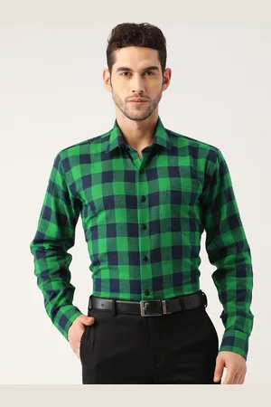HANCOCK Men Green & Navy Blue Cotton Slim Fit Checked Formal Shirt