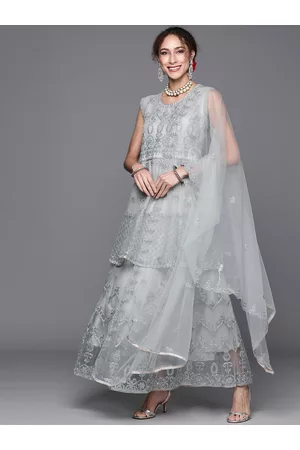 Chhabra 555 Grey & Blue Embroidered Semi-Stitched Dress Material