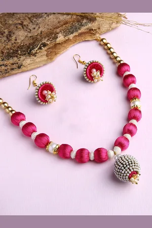 Akshara Clothing Girls Gold-Plated & Pink Silk Thread Jewellery Set