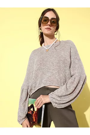 ATHENA Women Grey Crop Woollen Pullover with Fuzzy Detail