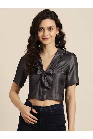QURVII Women Grey Shirt Style Crop Top with Bow Detail