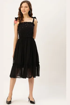 Antheaa Women Black Self Design A-Line Dress
