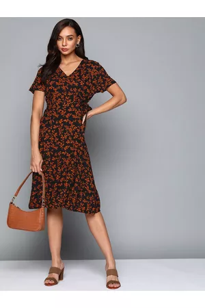 Chemistry Black & Rust Orange Floral Print Wrap Dress