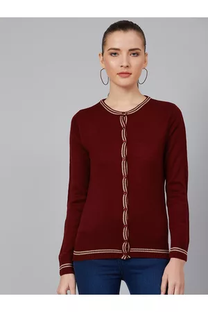Cayman Women Maroon Solid Cardigan Acrylic Sweater With Contrast Stripe Detail