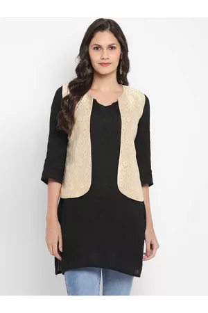Hangup Women Beige Self Design Lightweight Jacquard Open Front Jacket