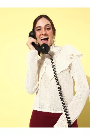 ATHENA Women White Woollen Pullover with Frill Detail