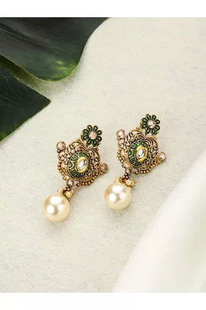 Priyaasi Green Gold Plated Floral Kundan Drop Earrings