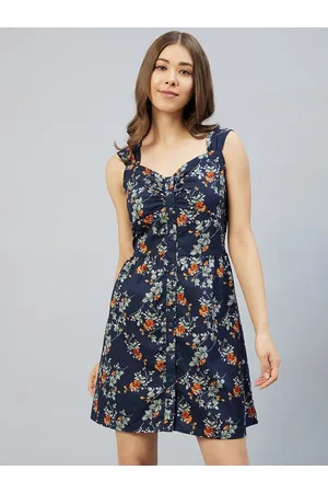Rare Fashion Navy Blue Floral Crepe A-Line Dress