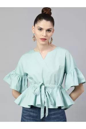 STREET 9 Women Mint Green Solid Peplum Pure Cotton Top