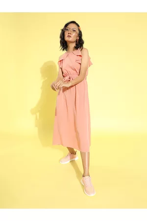 Berrylush Pink Solid Ruffle Detail Dress