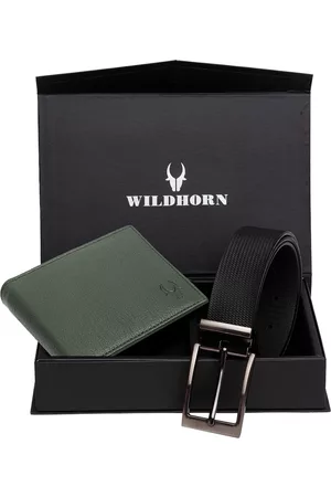 WildHorn Men Green & Black RFID Protected Genuine Leather Accessory Gift Set
