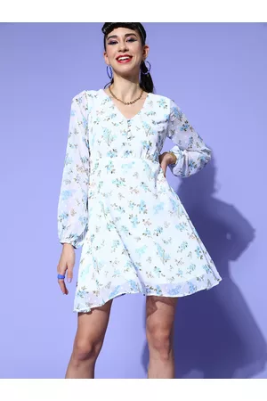 Berrylush Women Floral Print Chiffon Puff Sleeves Mini Dress