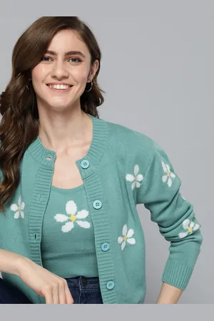 Mast & Harbour Women Green & White Floral Printed Cardigan with Cami Crop Winter Top