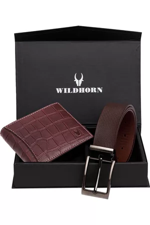 WildHorn Men Maroon RFID Protected Genuine Leather Accessory Gift Set