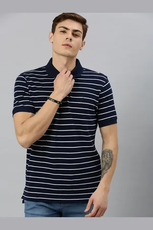 Nautica Men Navy Blue and White Striped Polo Collar Pure Cotton T-shirt