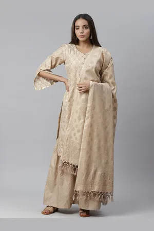 Chhabra 555 Women Beige Woven Design Handloom Chanderi Kurta with Sharara & Dupatta