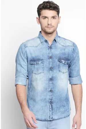 Dennis Lingo Men Blue Modern Slim Fit Faded Casual Shirt