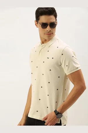 Flying Machine Men Off White & Black Printed Polo Collar T-shirt