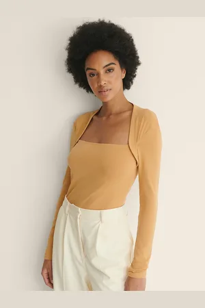 NA-KD Women Beige Solid Pure Cotton Top