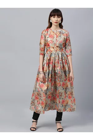 Ethnovog Women Beige Black Floral Printed Made To Measure Kurta with Trousers