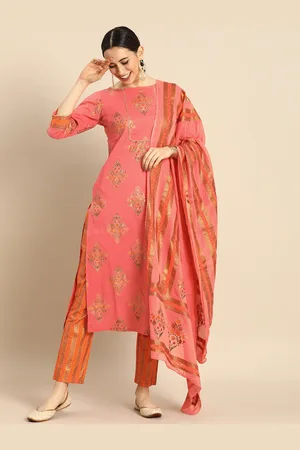 Rajnandini Women Pink Floral Foil Printed Pure Cotton Kurta with Trousers & With Dupatta