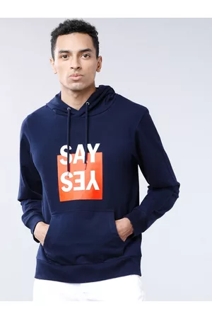 LocoMotive Men Navy Blue Printed Hooded Sweatshirt