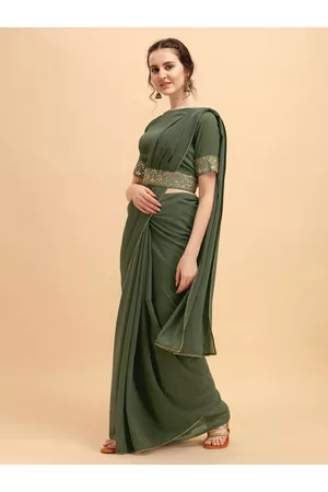 Sangria Women Solid Georgette Saree with Embellished Belt