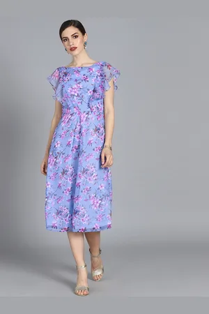 Ethnovog Women Blue Pink Floral Printed Made to Measure Fit and Flare Dress