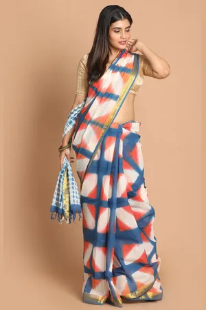 Indethnic Blue & Orange Tie and Dye Pure Cotton Saree