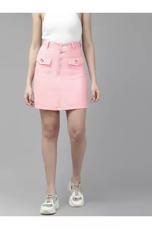 KASSUALLY Women Pink Solid Cotton Straight Skirt