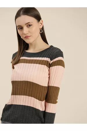 Invictus Women Peach-Coloured & Olive Brown Striped Pullover