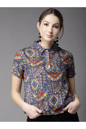 HERE&NOW Women Blue & Red Printed Shirt Style Top
