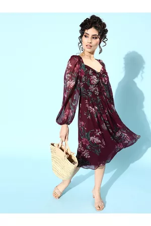 ATHENA Women Burgundy Floral Print Puff Sleeves Fit & Flare Dress