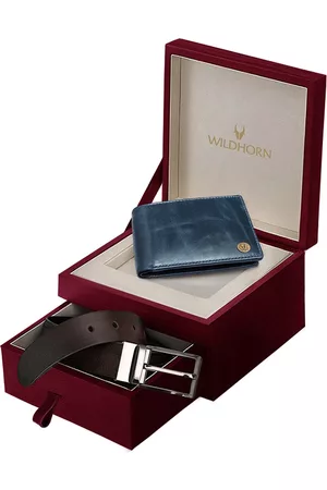 WildHorn Men Blue & Brown RFID Protected Genuine Leather Wallet & Belt Accessory Gift Set