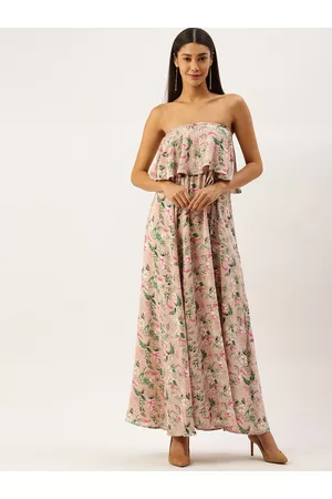 Berrylush Women Pink & Green Floral Printed Off-Shoulder Maxi Dress