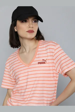 PUMA Women Orange & White Striped V-Neck T-shirt