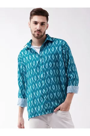 Vastramay Men Turquoise Blue & White Ikat Printed Casual Shirt