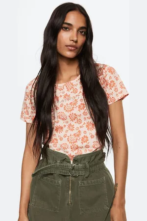 MANGO Women Off White & Orange Floral Printed Pure Cotton T-shirt