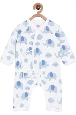 The Mom Store Infants White & Blue Printed Cotton Romper