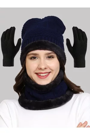 Weavers Villa Women Navy Blue Beanie Neck With Warmer and Gloves